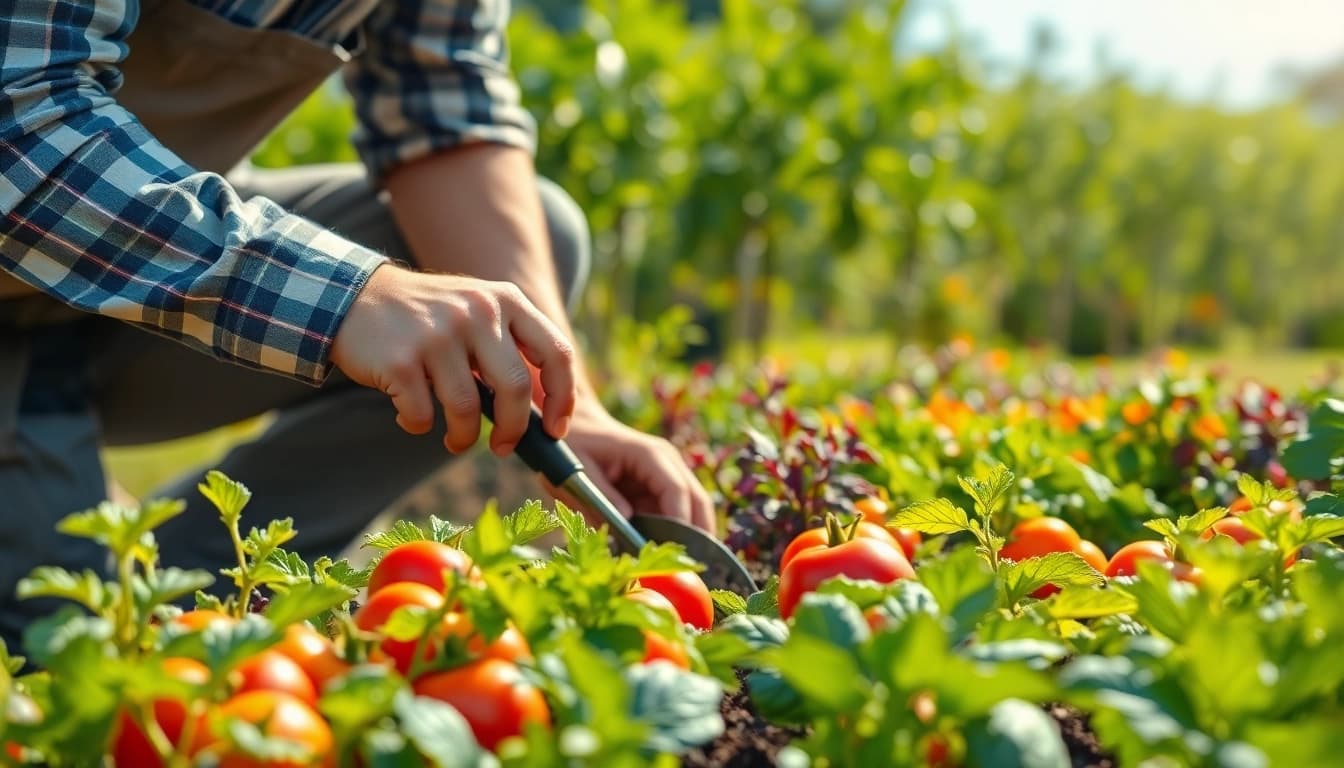 Gardening expert nurturing vibrant vegetable plants in a sunny garden setting.