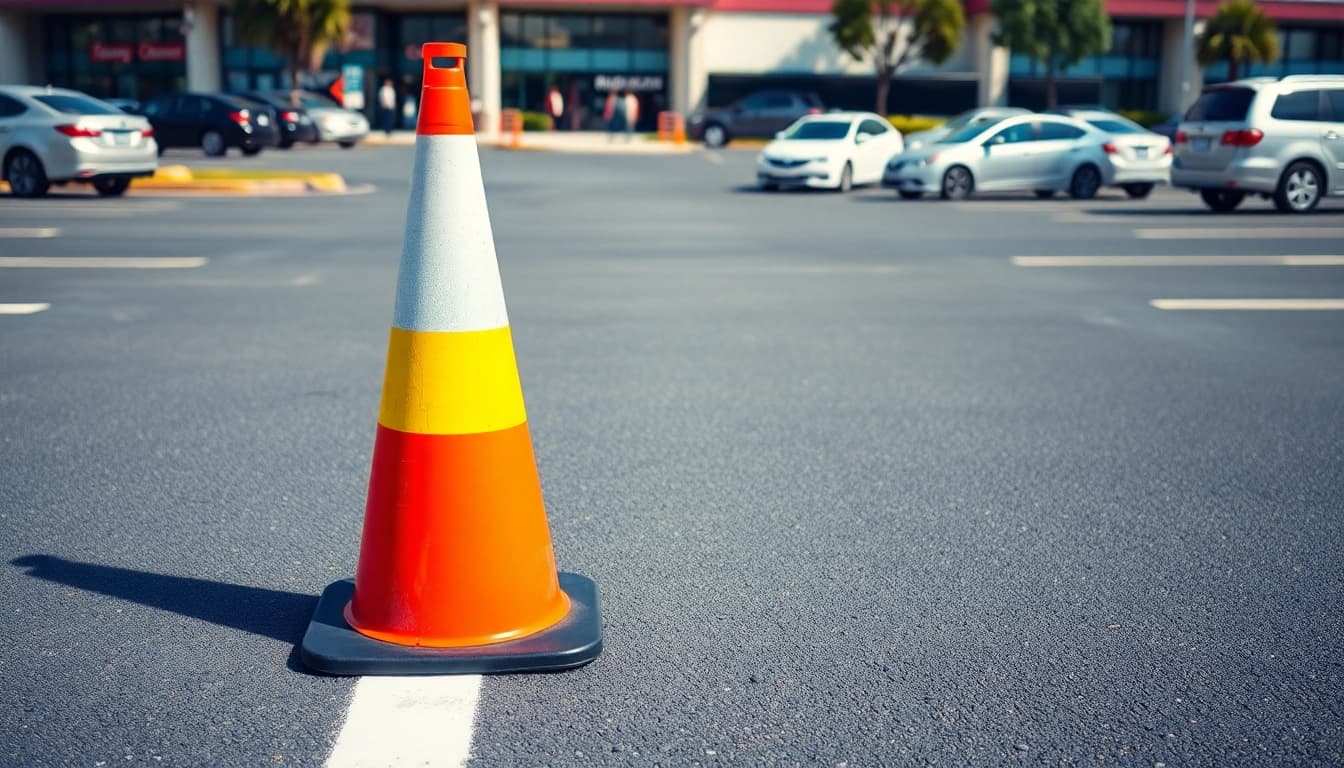 Parking lot striping near me with freshly painted lines and safety cones in a busy area.