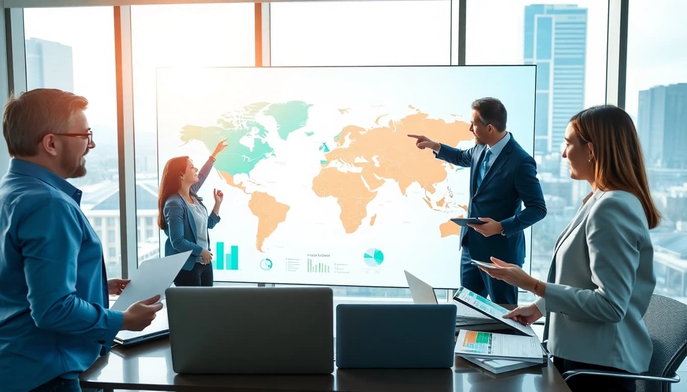 A team of international real estate companies professionals collaborating on a world map in a modern office.