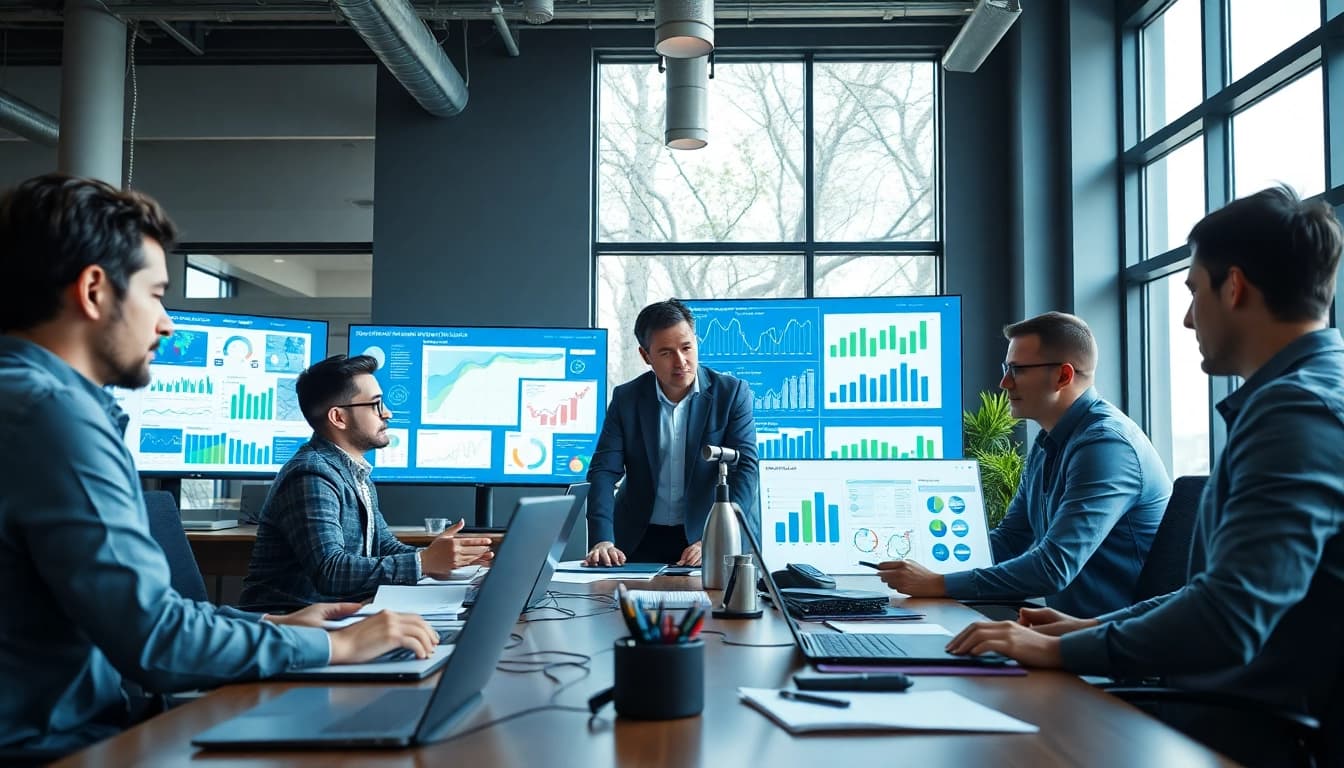 Analyzing AI for competitive intelligence in a bustling office setting, with diverse professionals at work.