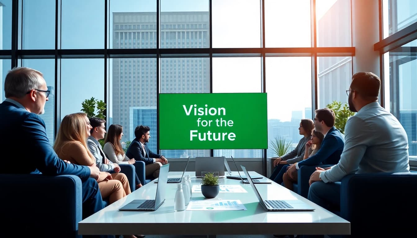 Illustration of a meeting about alphabet inc vision statement with business leaders in an office.