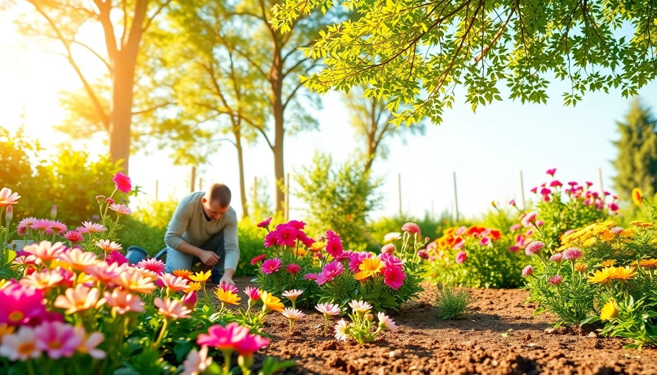 Gardening enthusiast tending to colorful plants in a vibrant garden with tools and sunlight.