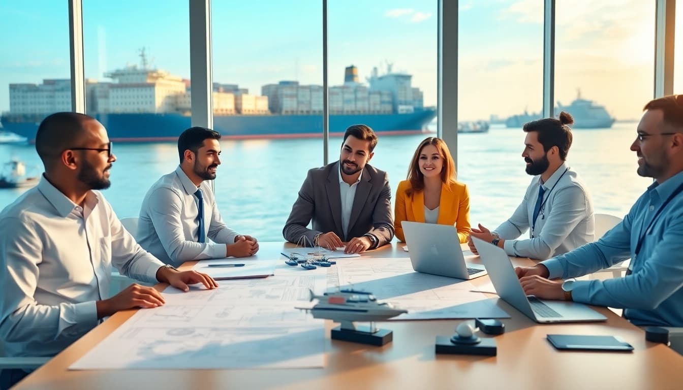 Experts engaged in Maritime Consulting with marine blueprints and ocean view.