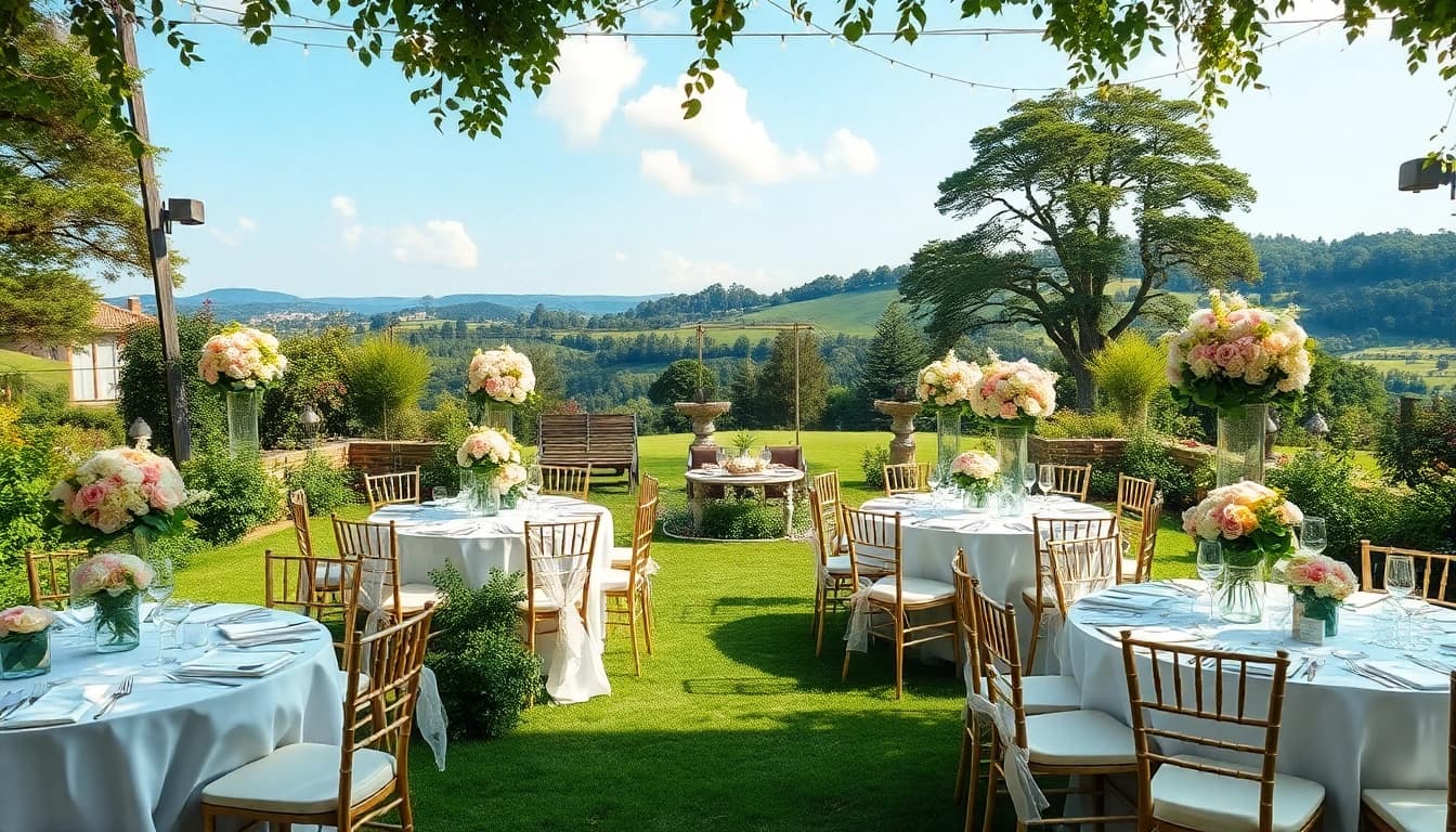 Traumhafte location hochzeit in einem eleganten Garten mit floralem Dekor und festlich gedeckten Tischen.