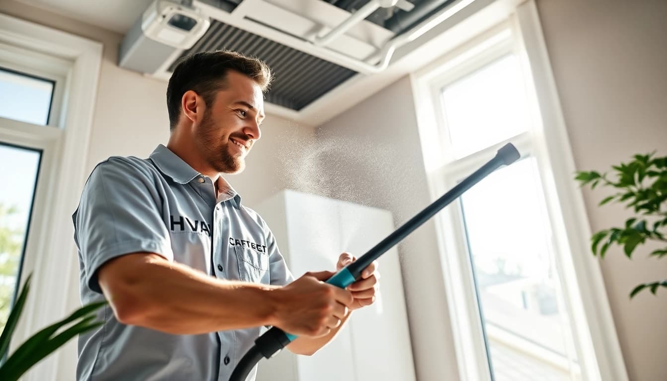 Technician performing HVAC cleaning in a home, emphasizing air duct cleanliness and freshness.