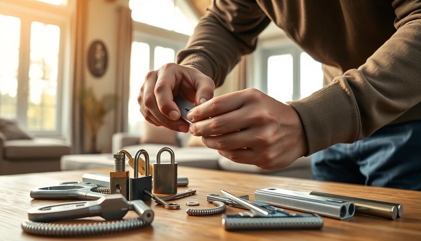Skilled residential locksmiths in Wildwood showcasing expertise while repairing a lock in a welcoming home environment.