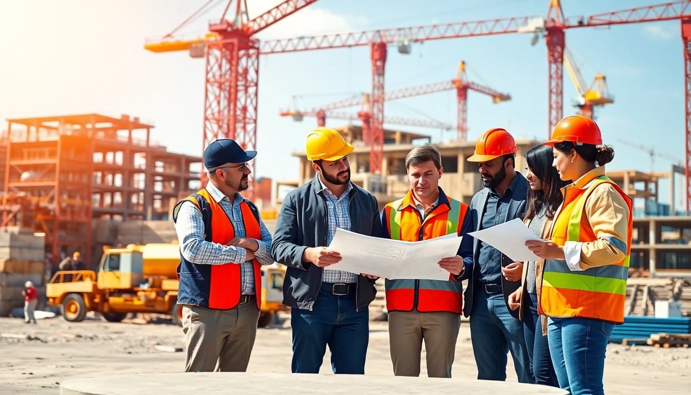Engaging construction network association professionals collaborating on-site with architectural plans.