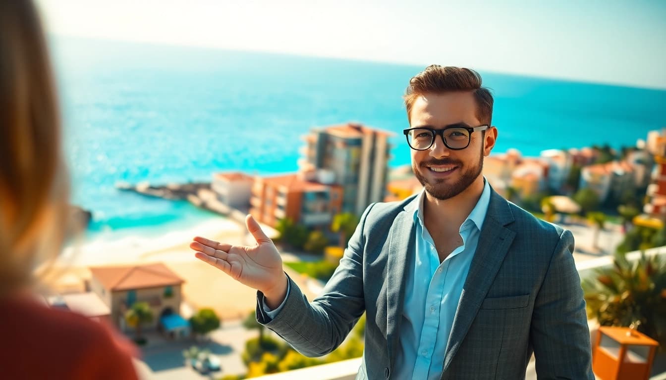 Showcasing vibrant real estate in Alanya, a real estate agent highlights beautiful coastal properties.