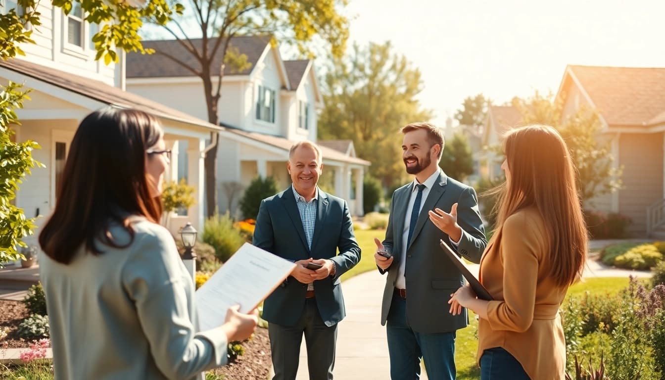 Explore houses for sale with a professional real estate agent in a sunny neighborhood.