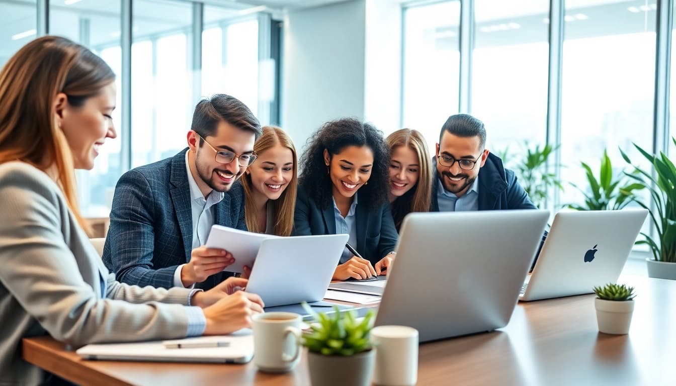 Engaging collaboration in a modern business setting, showcasing teamwork and technology.