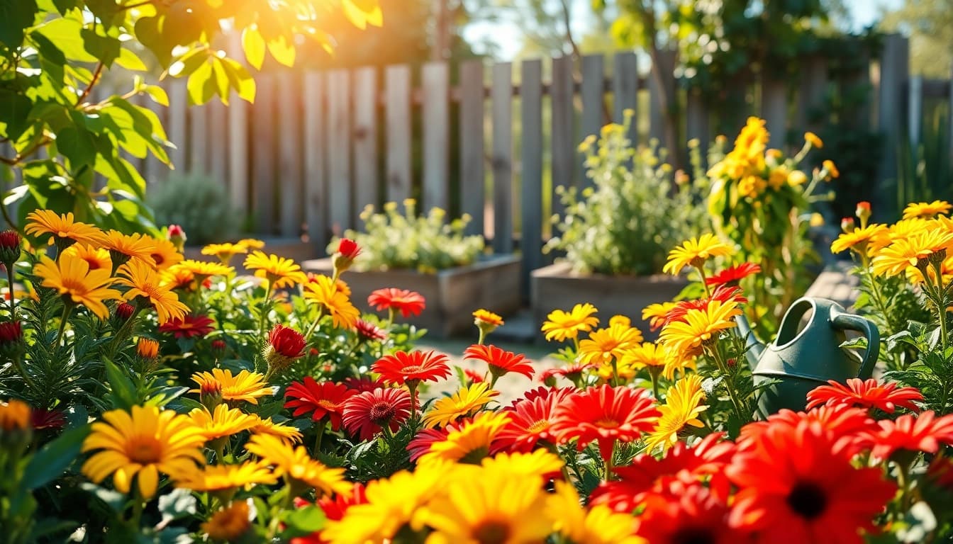 Engaging Gardening scene filled with colorful flowers and greenery, inviting home garden atmosphere.