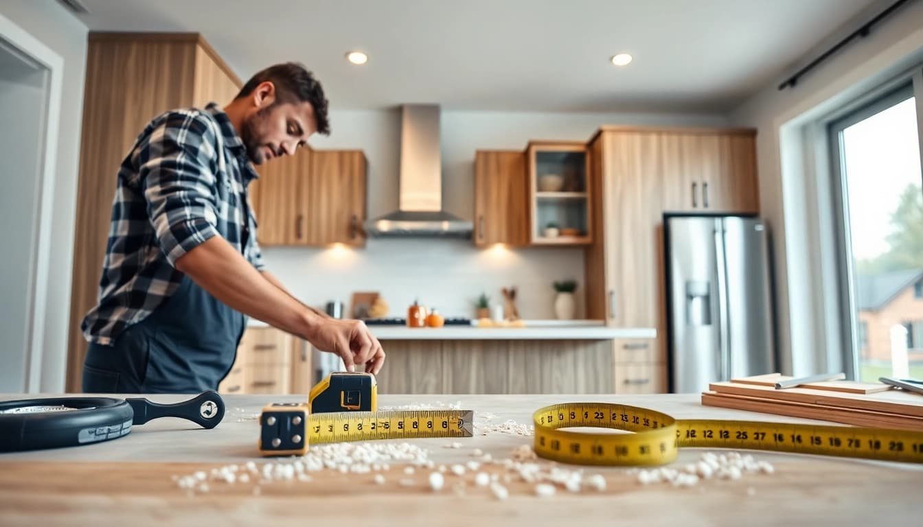 Home renovation expert meticulously installing cabinets in a modern kitchen setting