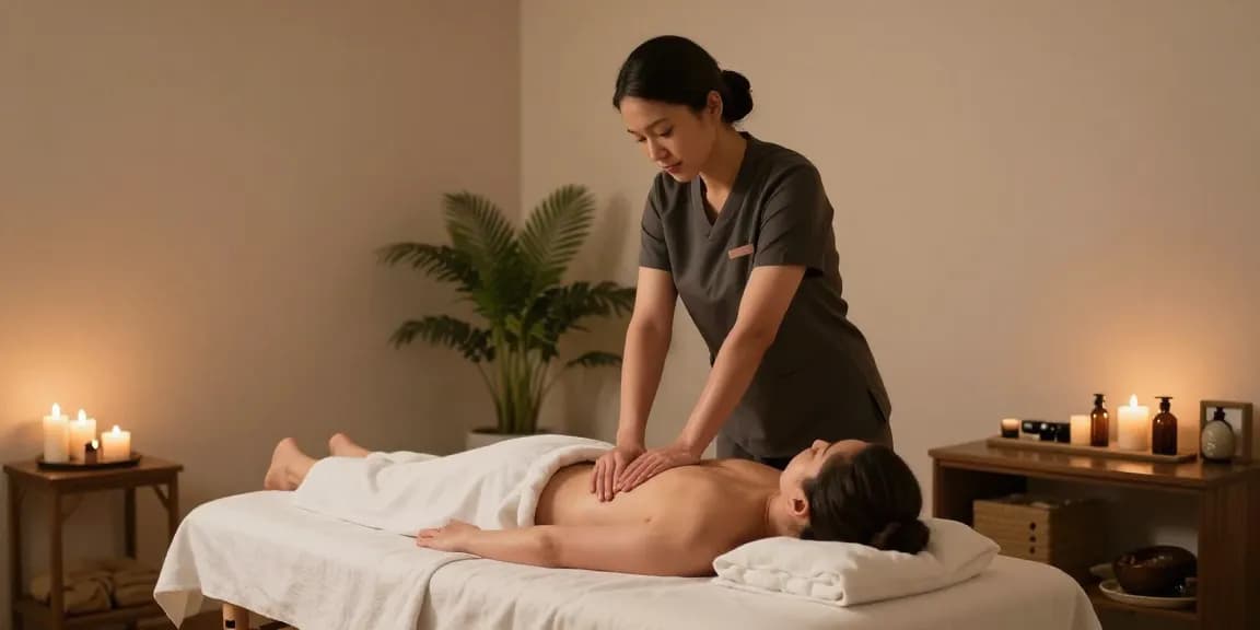 마사지 테라피 룸에서 편안한 스웨디시 마사지 받고 있는 모습