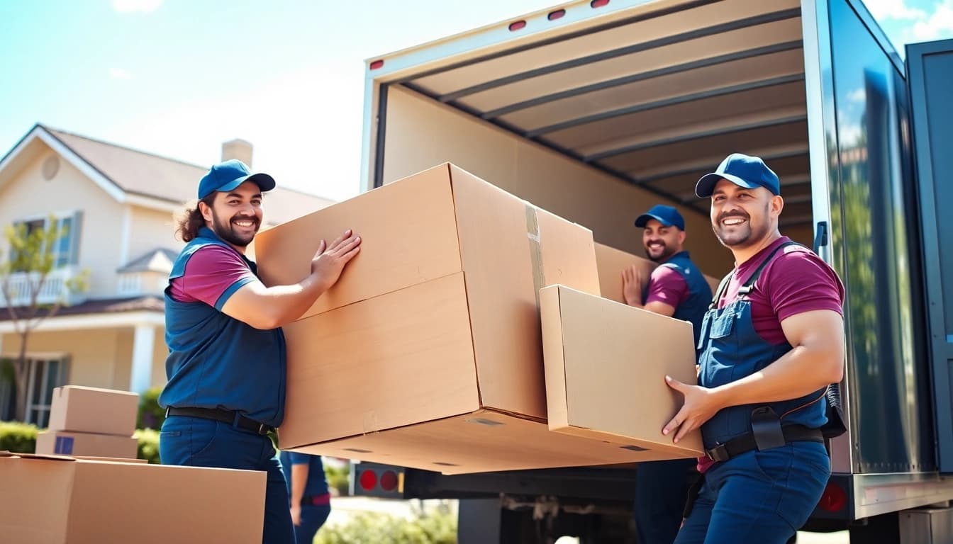 Engaged team providing moving services edmonton with efficiency and smiles in a sunny environment.