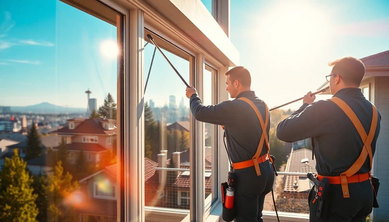 Seattle window cleaning service professionals meticulously cleaning large windows in a sunny neighborhood.