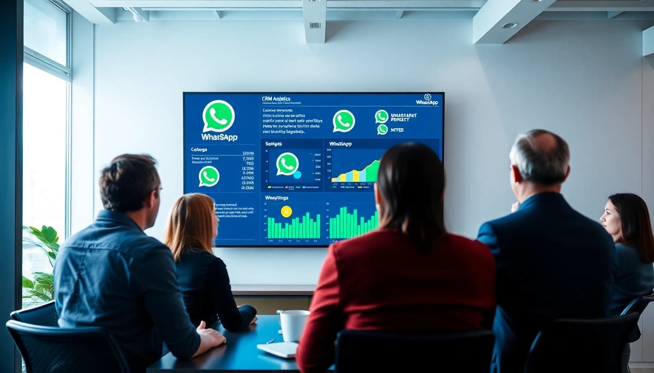 Demonstrating What is a CRM for WhatsApp in a business meeting with analytics display.