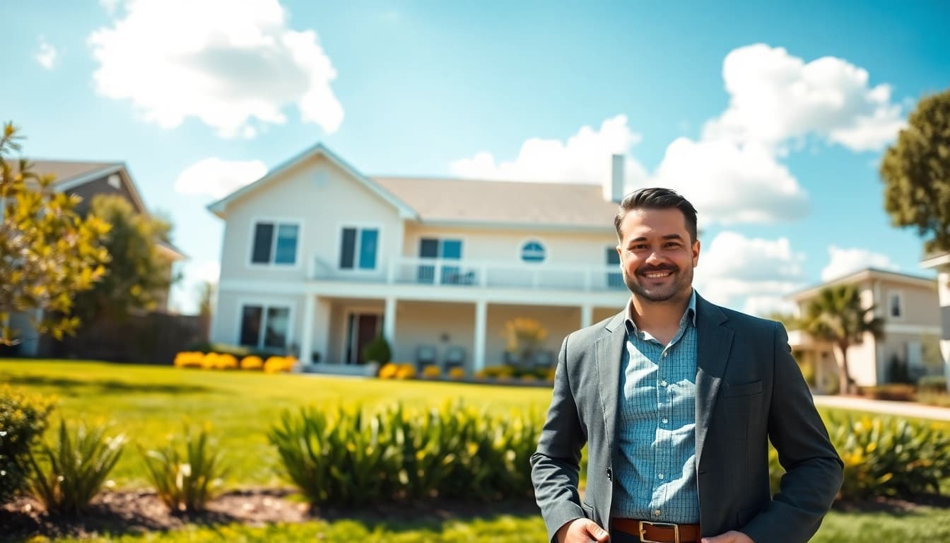 Market real estate with a professional agent at a sunny modern home showcasing beautiful landscaping.