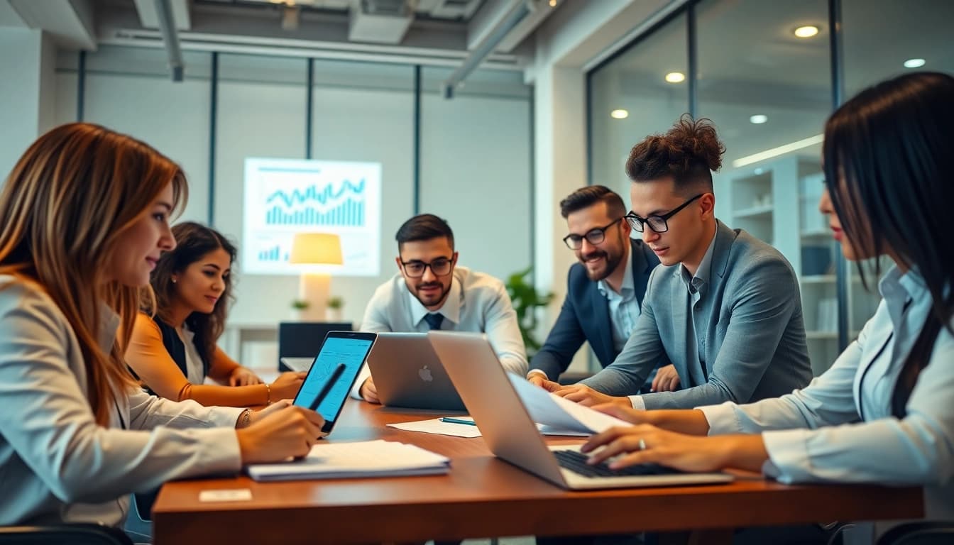 Accounting and Bookkeeping Services professionals collaborating in a modern office setting with financial documents and laptops.