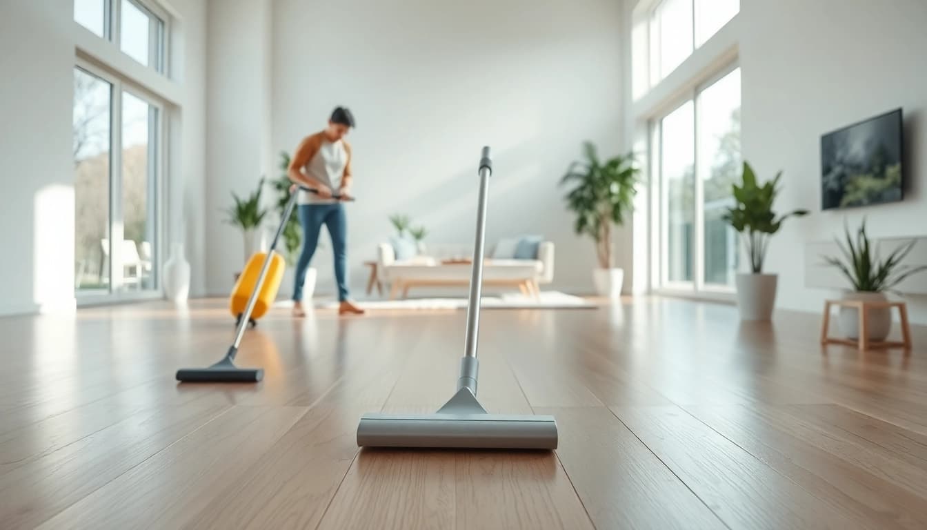 Engaging cleaning service team working in a bright, organized space, showcasing professionalism and attention to detail.