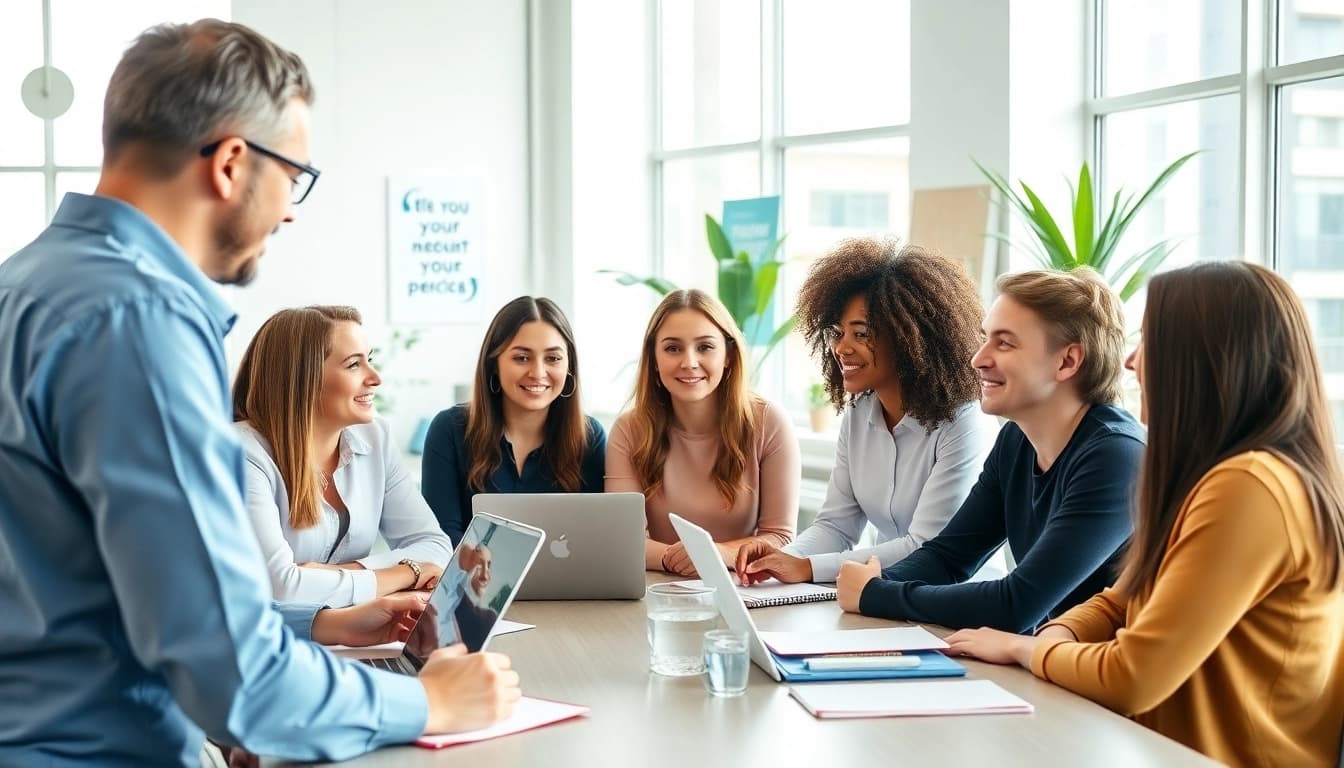 Engaged audience with a business coach near me in a modern office setting.