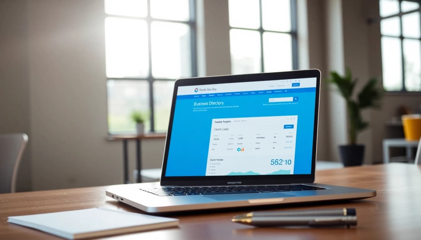 Bezoekers navigeren door https://bedrijvengidsen-nederland.nl op een laptop in een moderne kantooromgeving.