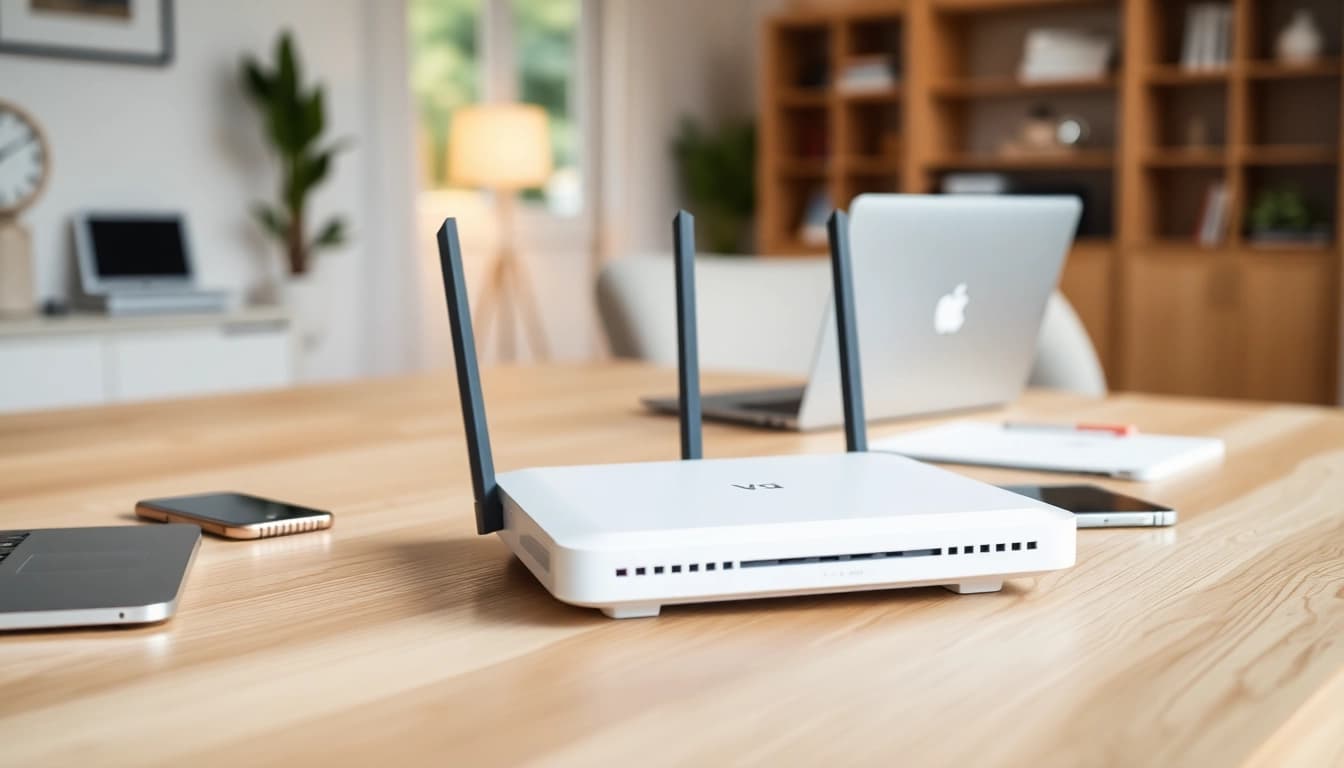 Showcasing the best vpn router in a modern home office, highlighting sleek design and tech integration.