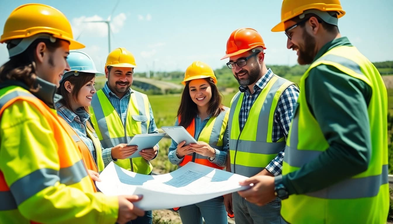 Workers engaged in a detailed discussion on skilled labor for energy sector projects outdoors.