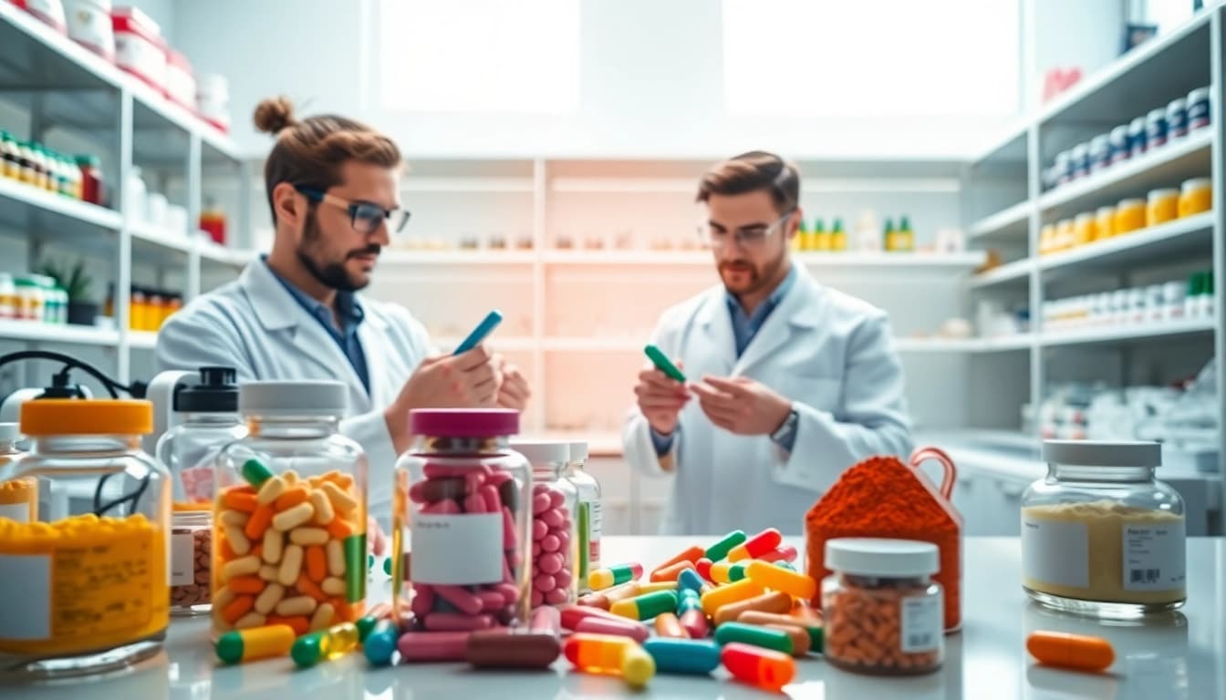 Visual representation of supplement manufacturers analyzing vibrant capsules in a modern lab environment.