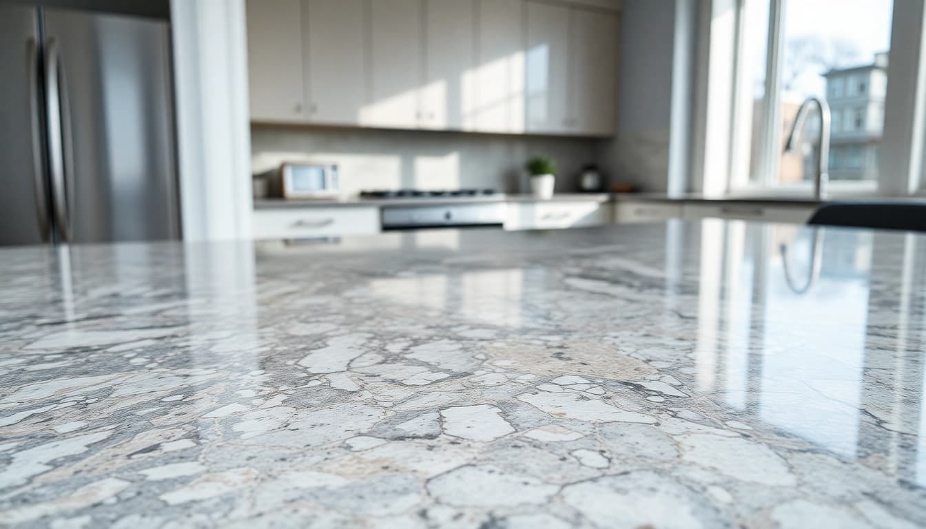 Showcasing Classic Quartz Stone in a beautifully lit kitchen, highlighting its elegant features.