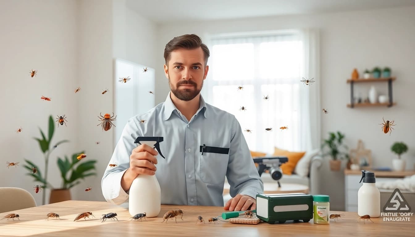 Request bug treatment quote from a professional pest control technician in action.