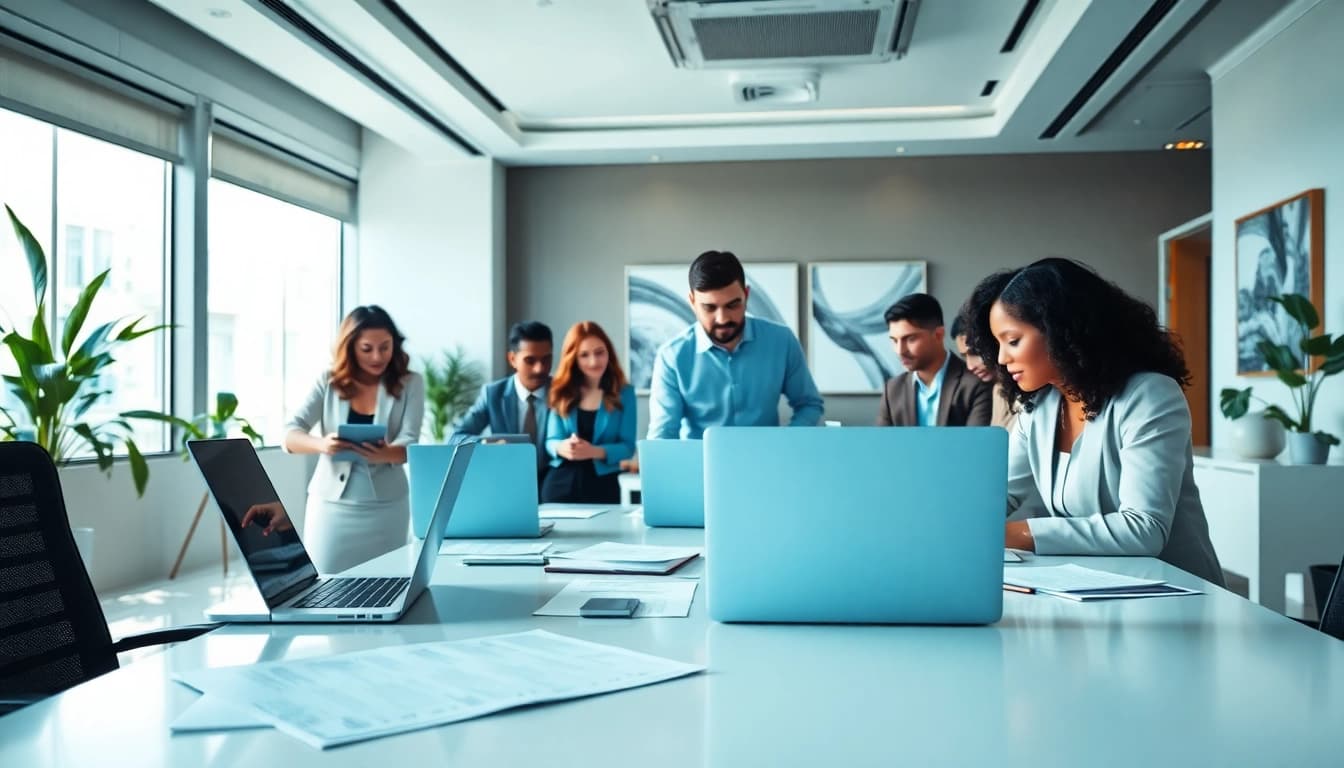 Real Estate agents collaborating in a modern office with a dynamic atmosphere.