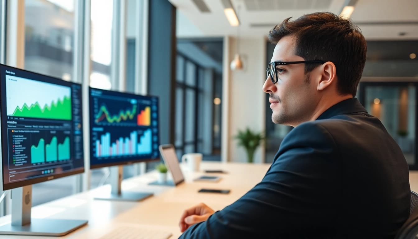 Analyze business growth insights through vibrant data visuals and a focused analyst.
