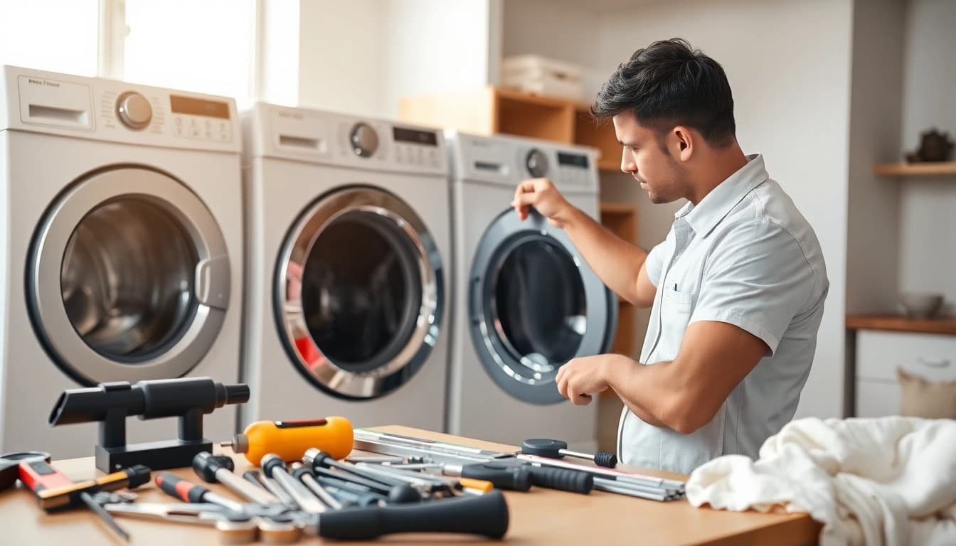 Technician performing washer dryer repair near me in a bright, organized laundry room.