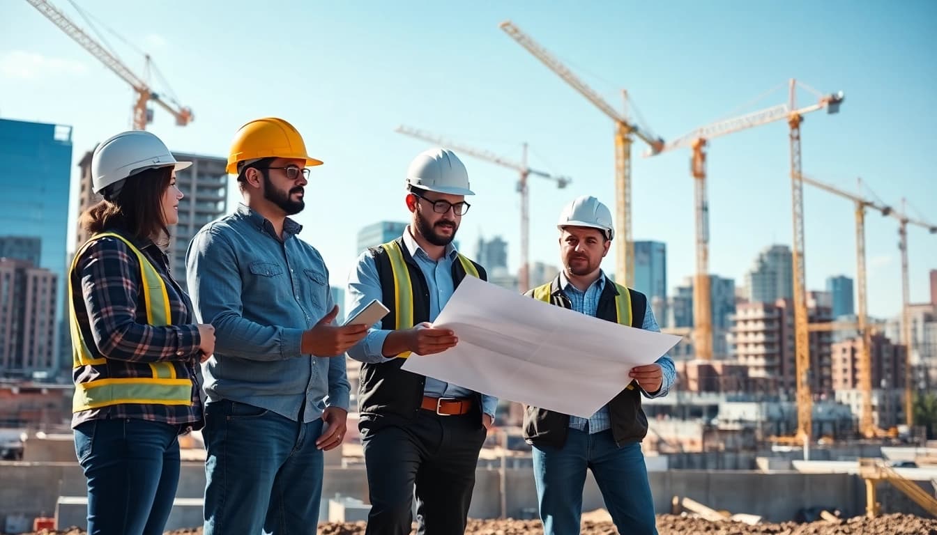 Team discussion at a construction site in Denver, showcasing construction association denver collaborative efforts.