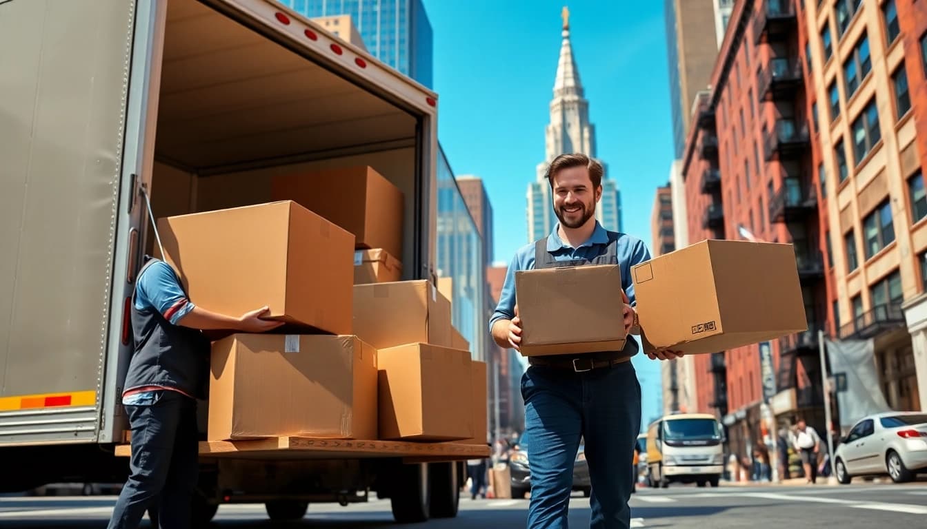 Boston moving company professionals working together with iconic Boston skyline in the background.