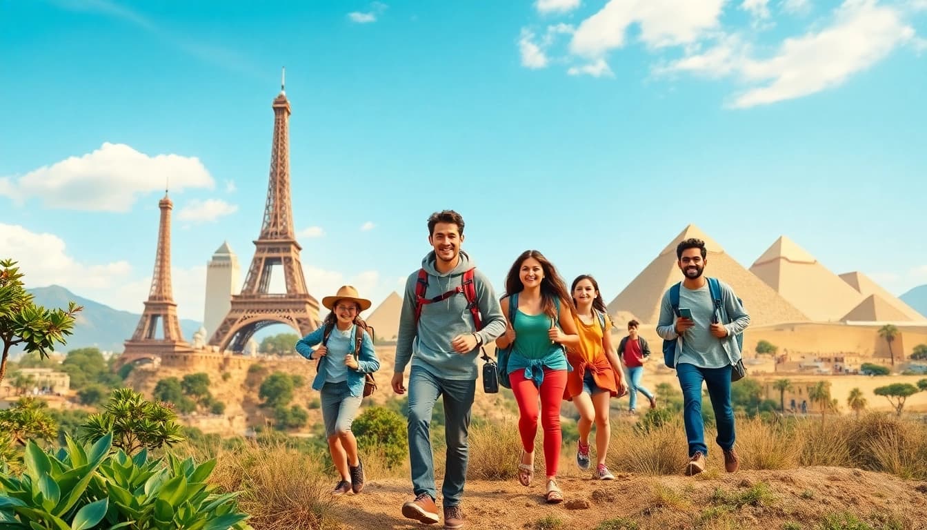 Travelers enjoying adventures at iconic landmarks, highlighting https://travelvixta.com experiences.