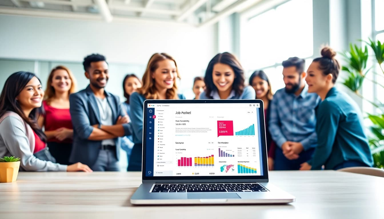 Engage in a free job post process with a professional team collaborating around a laptop.