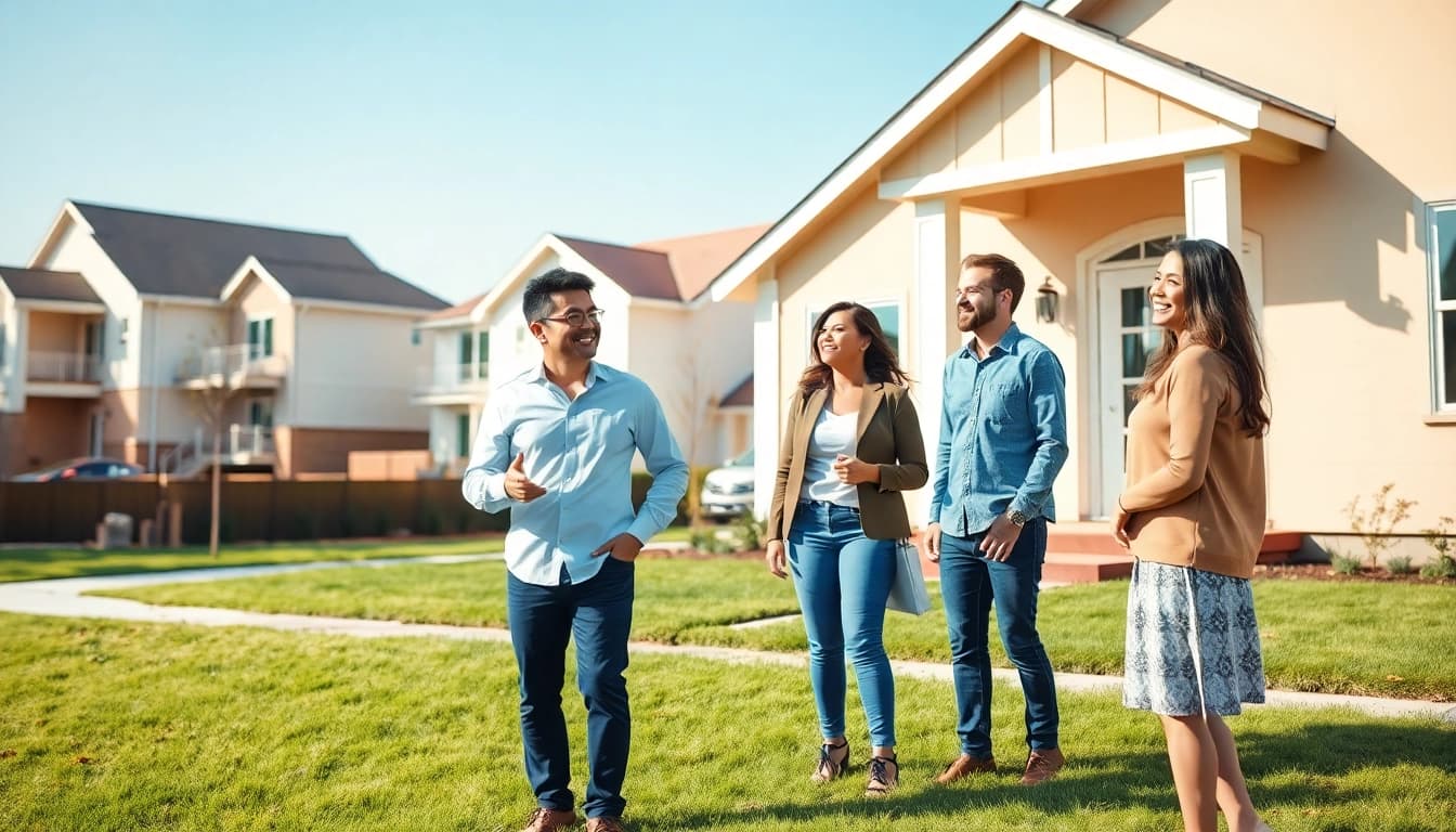 Engaging real estate scene illustrating an agent helping homebuyers navigate their options in Real Estate.