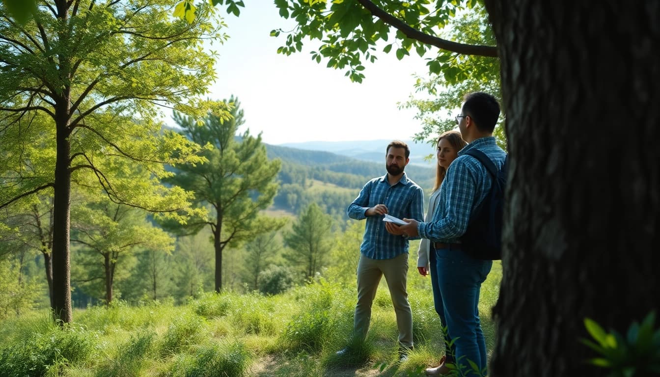 Tree Consultancy experts evaluating healthy trees in a vibrant forest environment.