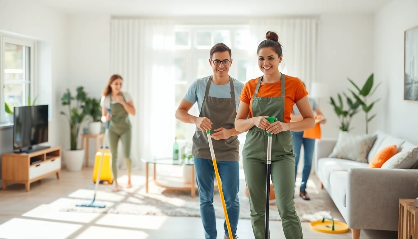 Highlighting a dedicated cleaning service team professionally cleaning a bright modern home.