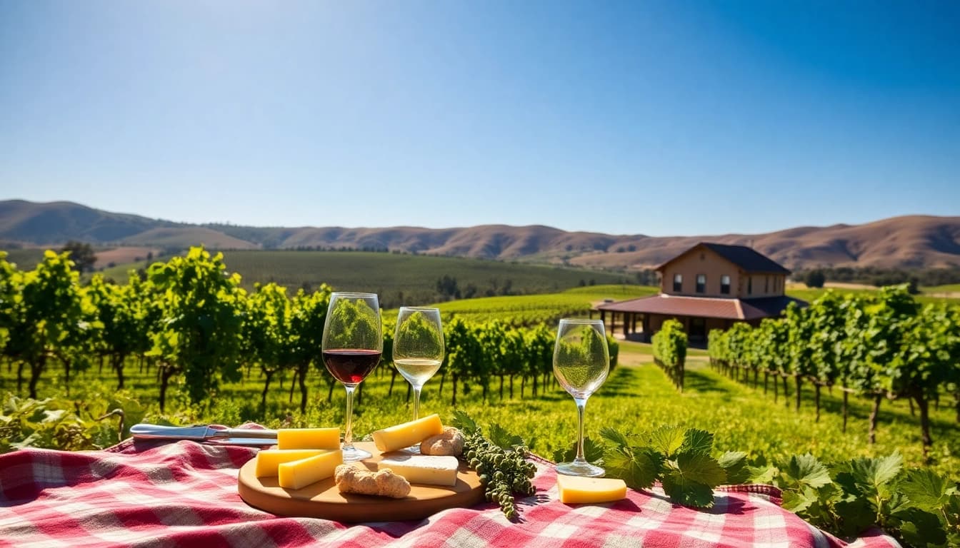 Tourists enjoying scenic landscape at the best wineries in California with vineyards in view.
