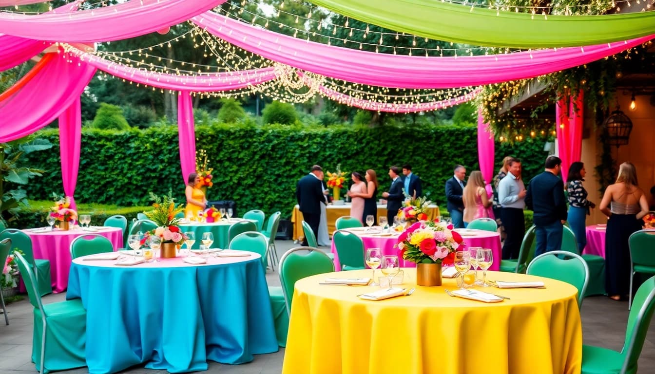 Enhance your occasion with stunning Party Rentals featuring decorated tables and cheerful guests.