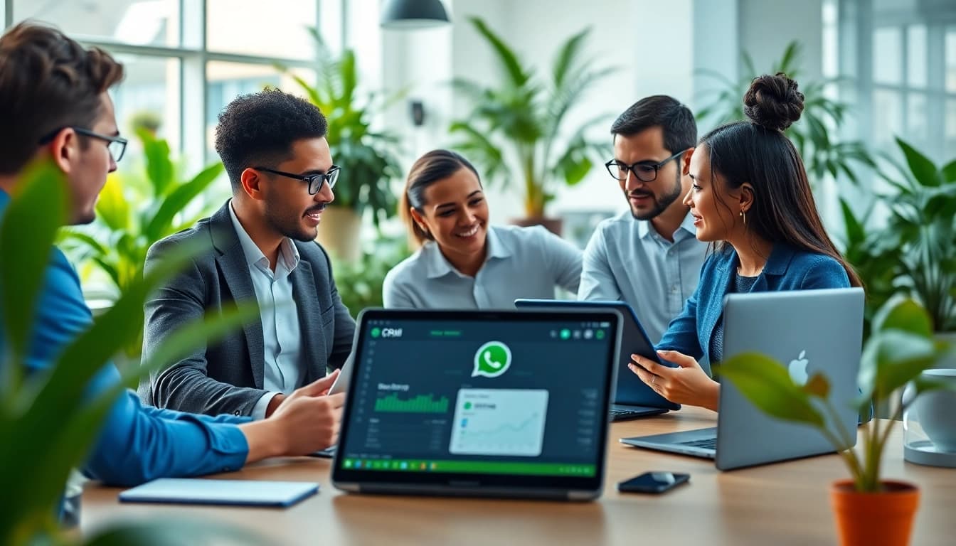 Learn what a CRM for WhatsApp is with a team using digital tools in a modern office.