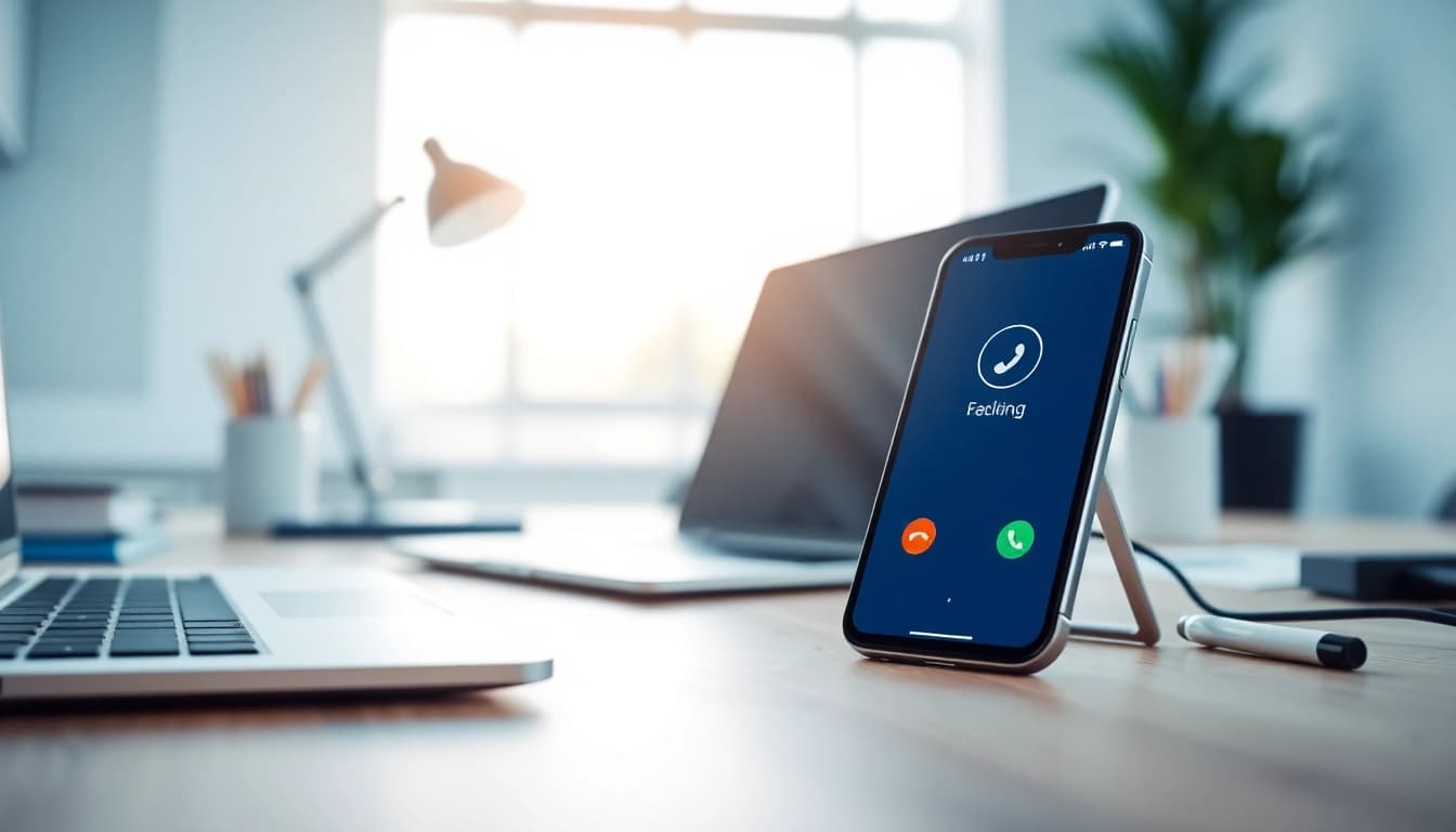 Record calls effortlessly with this call recording solution, showcasing a smartphone interface and a bright office.