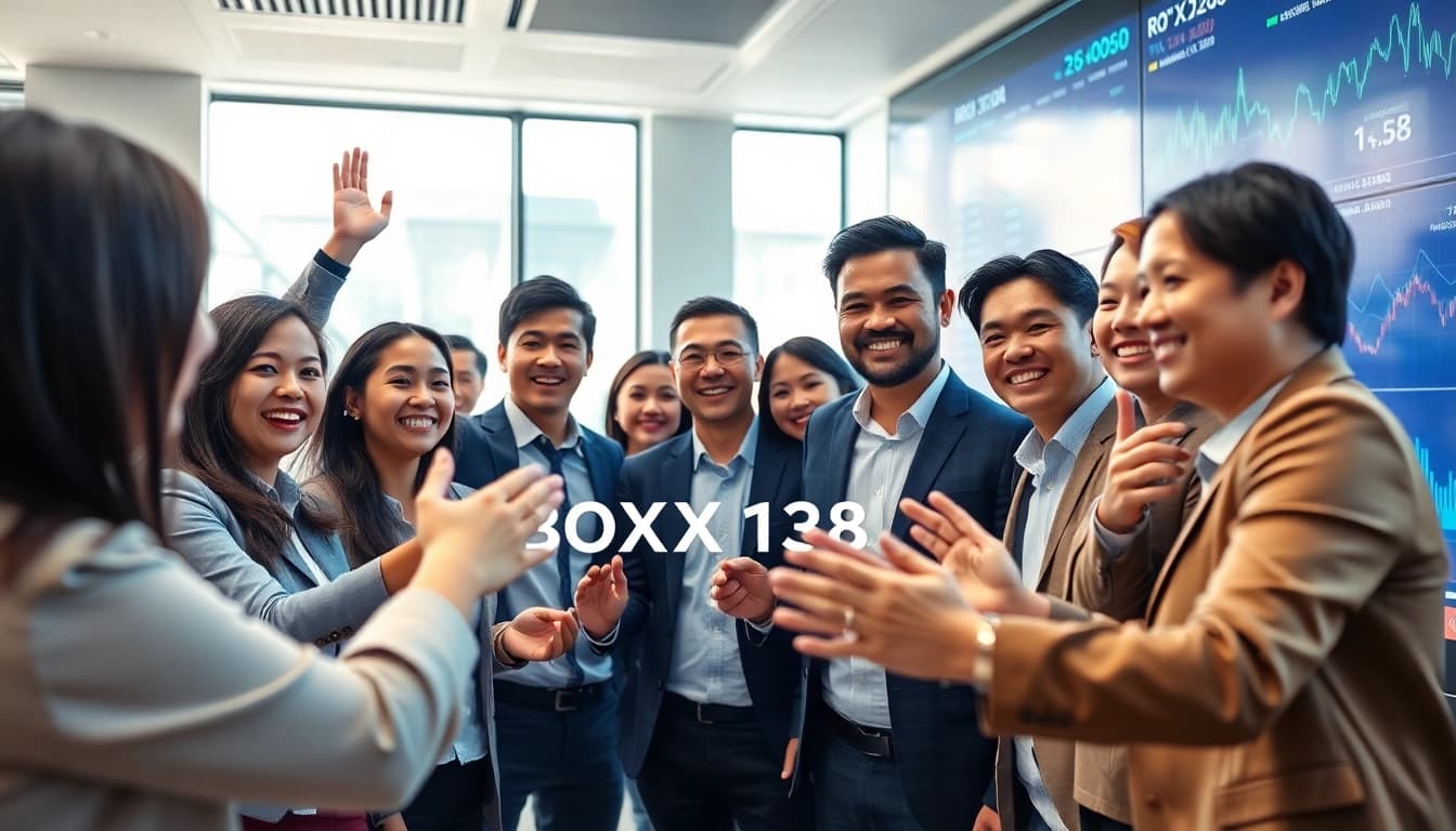 Successful financial team celebration after BOX138 withdrawal of Rp 2.424.000,00 in a modern office setting.