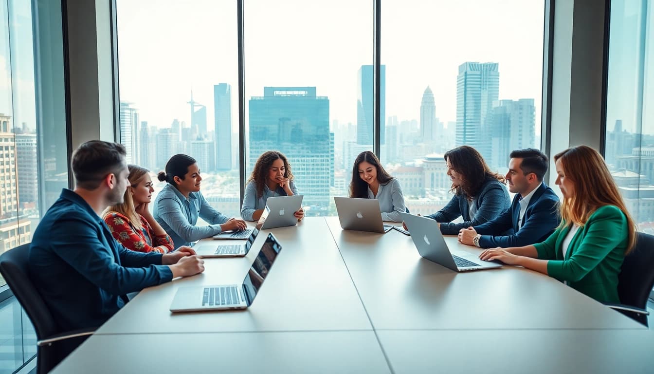 Business collaboration among a diverse team in a modern office environment.