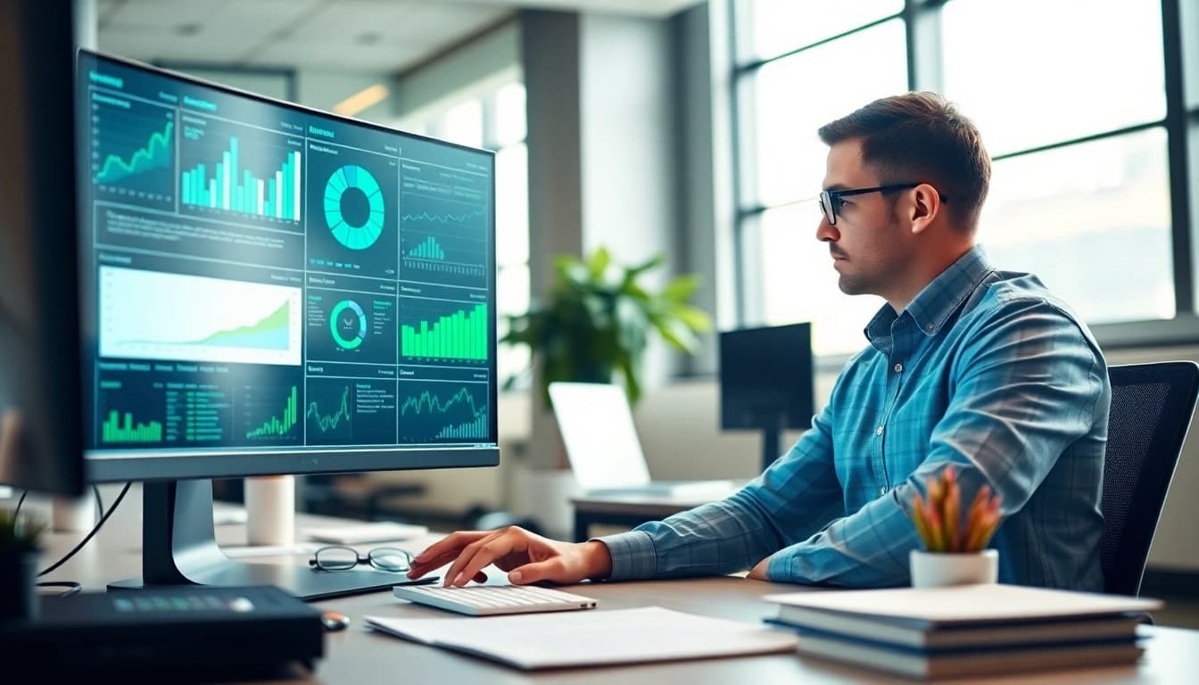 Analyze data for AI for competitive intelligence with a focused professional in a modern office.