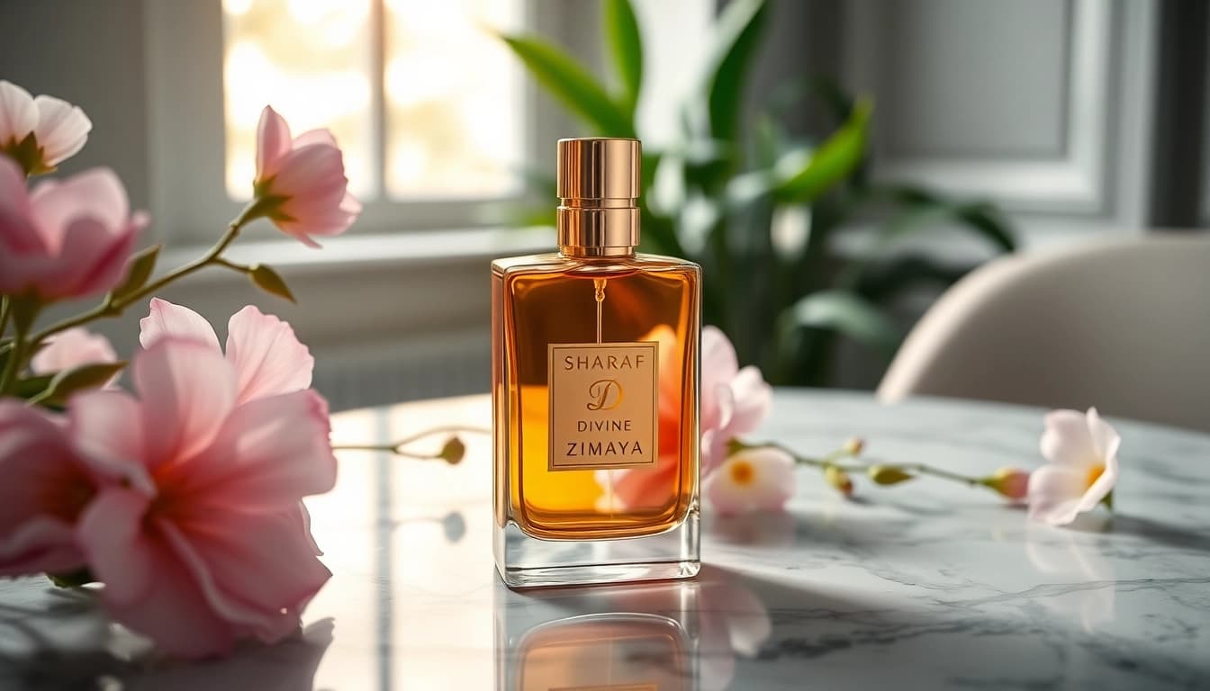 Ervaar de luxe van Sharaf Divine by Zimaya, prachtig gepresenteerd met bloemen.