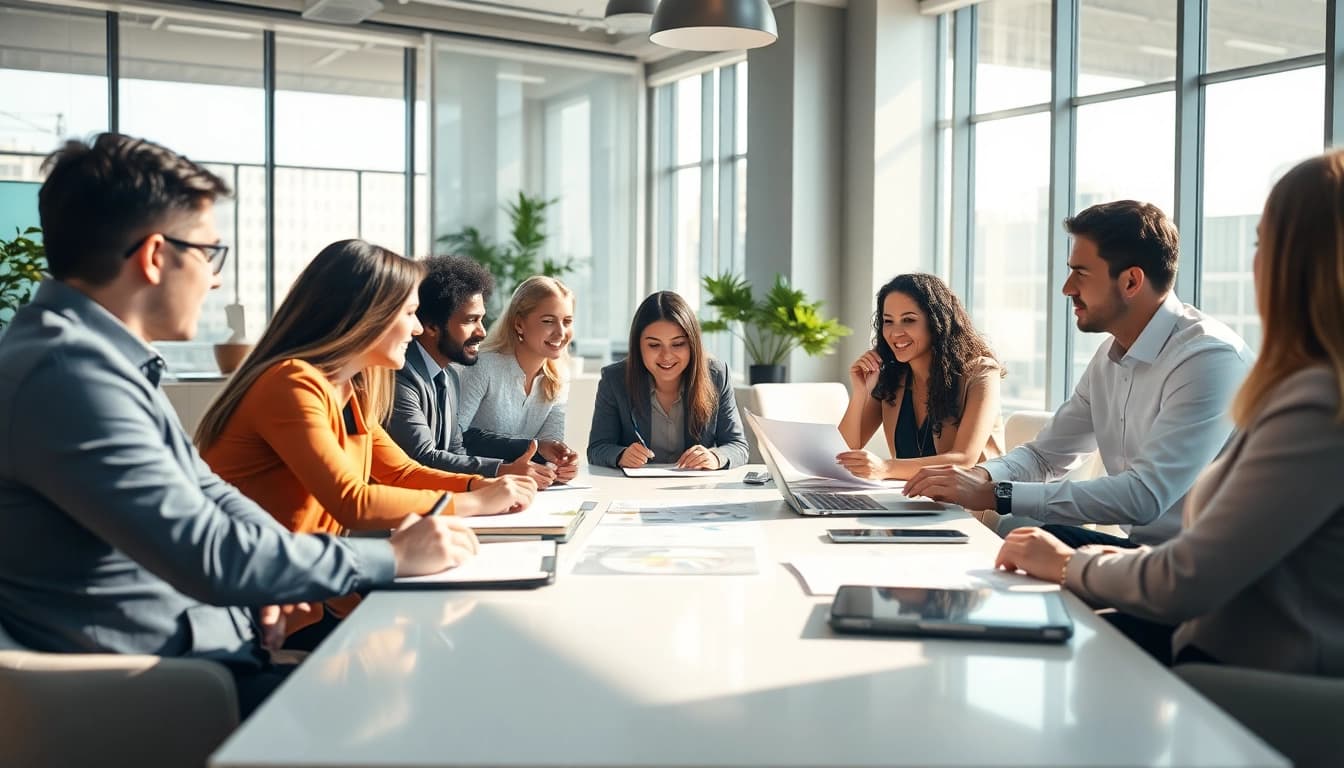 Collaborating professionals strategizing at https://valuesfirst.com in a bright, modern office.