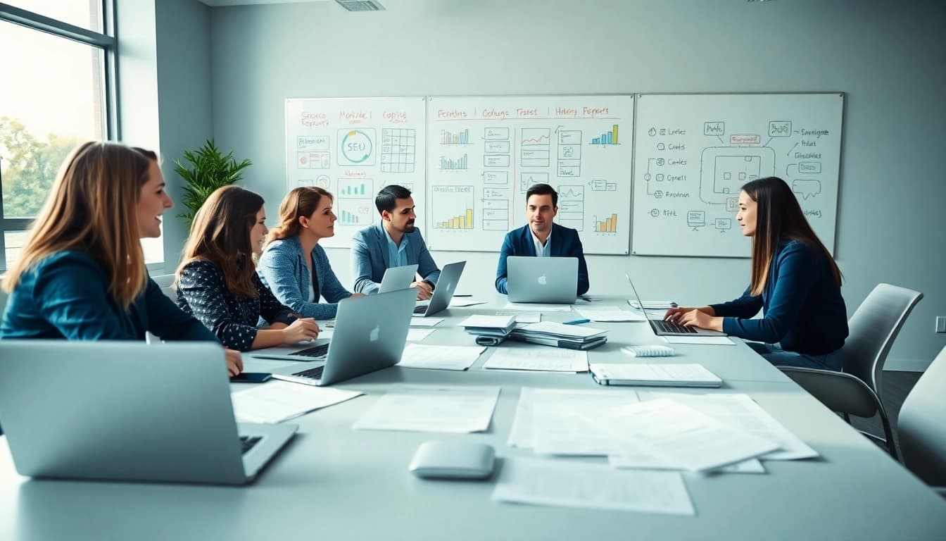 Optimize your website with professional SEO strategies during a team meeting.